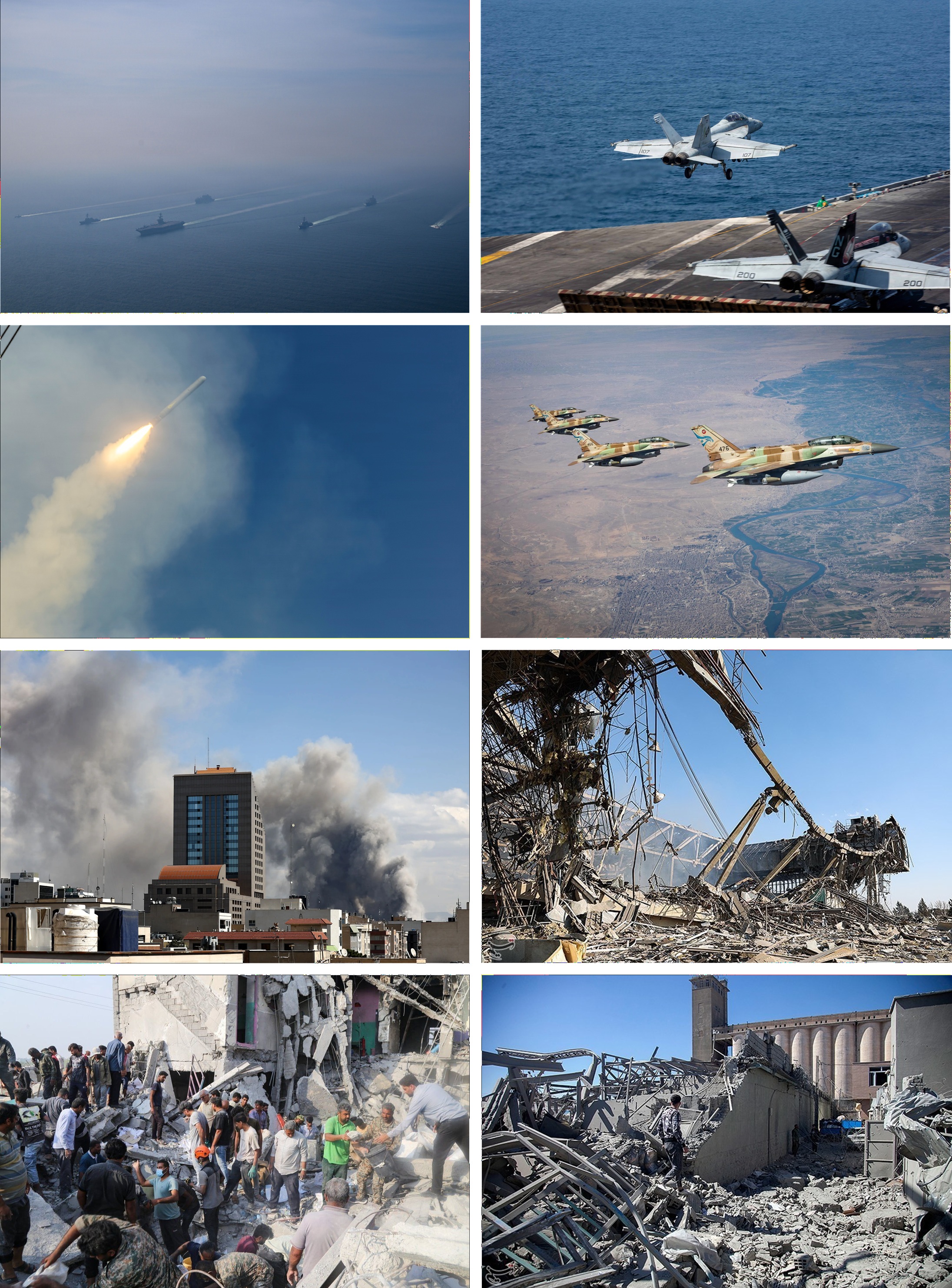 A collage of scenes from the 2026 Iran war including US Navy carrier strike groups in the Arabian Sea, Tomahawk missile launches, smoke rising over Tehran, and aftermath of airstrikes on Iranian cities. Photo: Wikimedia Commons / Public Domain