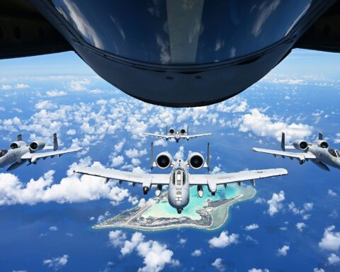 US Air Force A-10 Thunderbolt II Warthog attack aircraft in formation flight, deployed to hunt Iranian fast-attack boats in the Strait of Hormuz during the 2026 Iran war. Photo: US Air Force / Public Domain