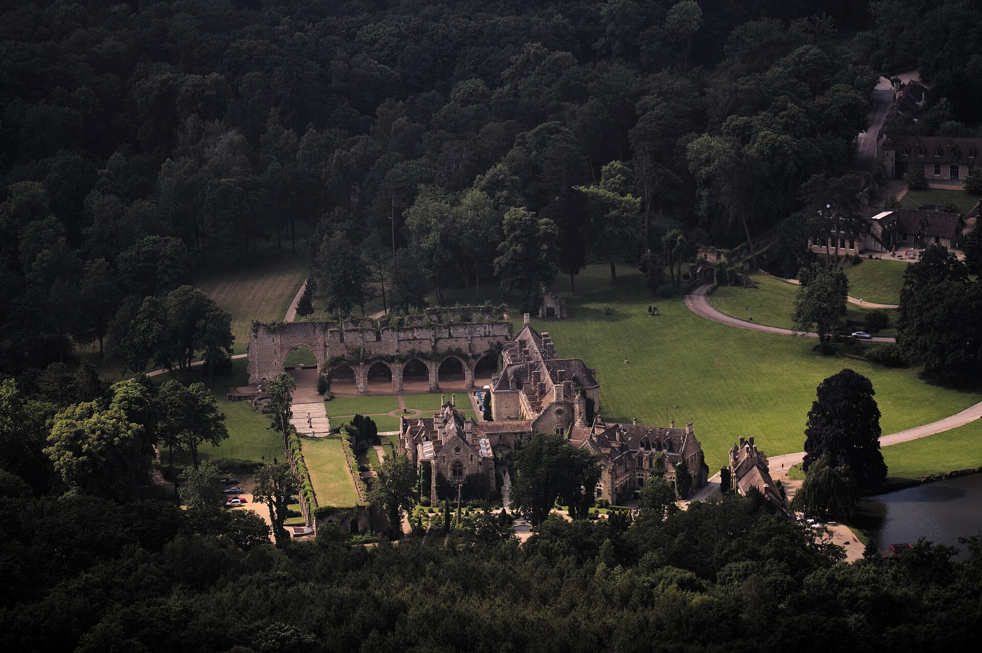 Aerial view of Abbaye des Vaux-de-Cernay, the historic French abbey southwest of Paris that hosted the 2026 G7 Foreign Ministers Meeting