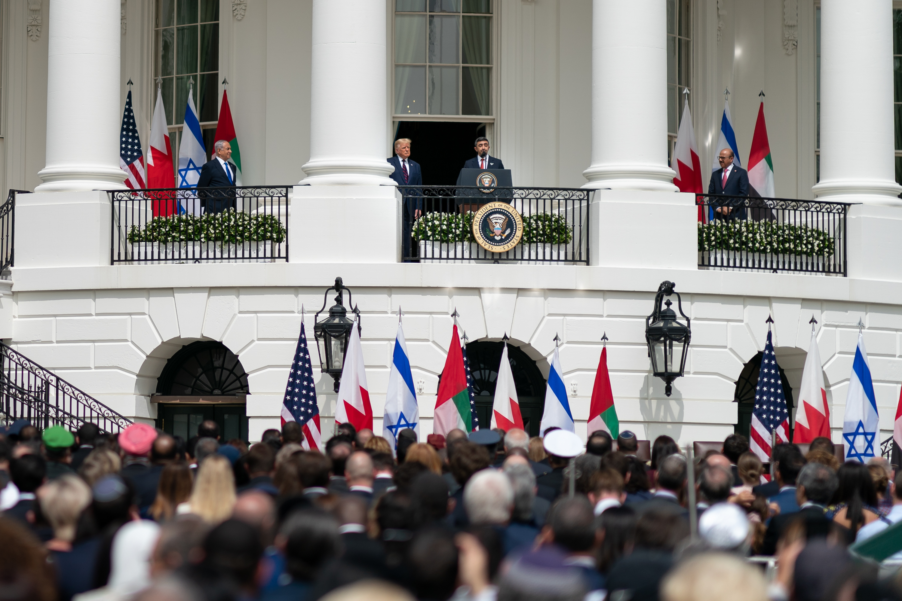The Abraham Accords signing ceremony at the White House in September 2020, attended by leaders from Israel, UAE, Bahrain, and the United States