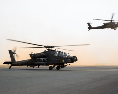 AH-64 Apache attack helicopters operating from Saudi Arabian territory during a joint US-Saudi military exercise. Photo: US Army / Public Domain