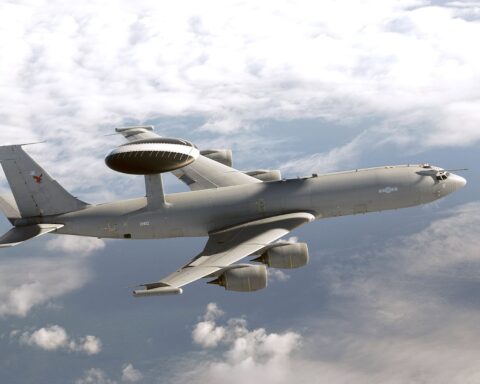 E-3 Sentry AWACS airborne surveillance and command aircraft in flight, the type of platform providing early warning and intelligence coordination over the Persian Gulf during the Iran war. Photo: UK Ministry of Defence / OGL v1.0