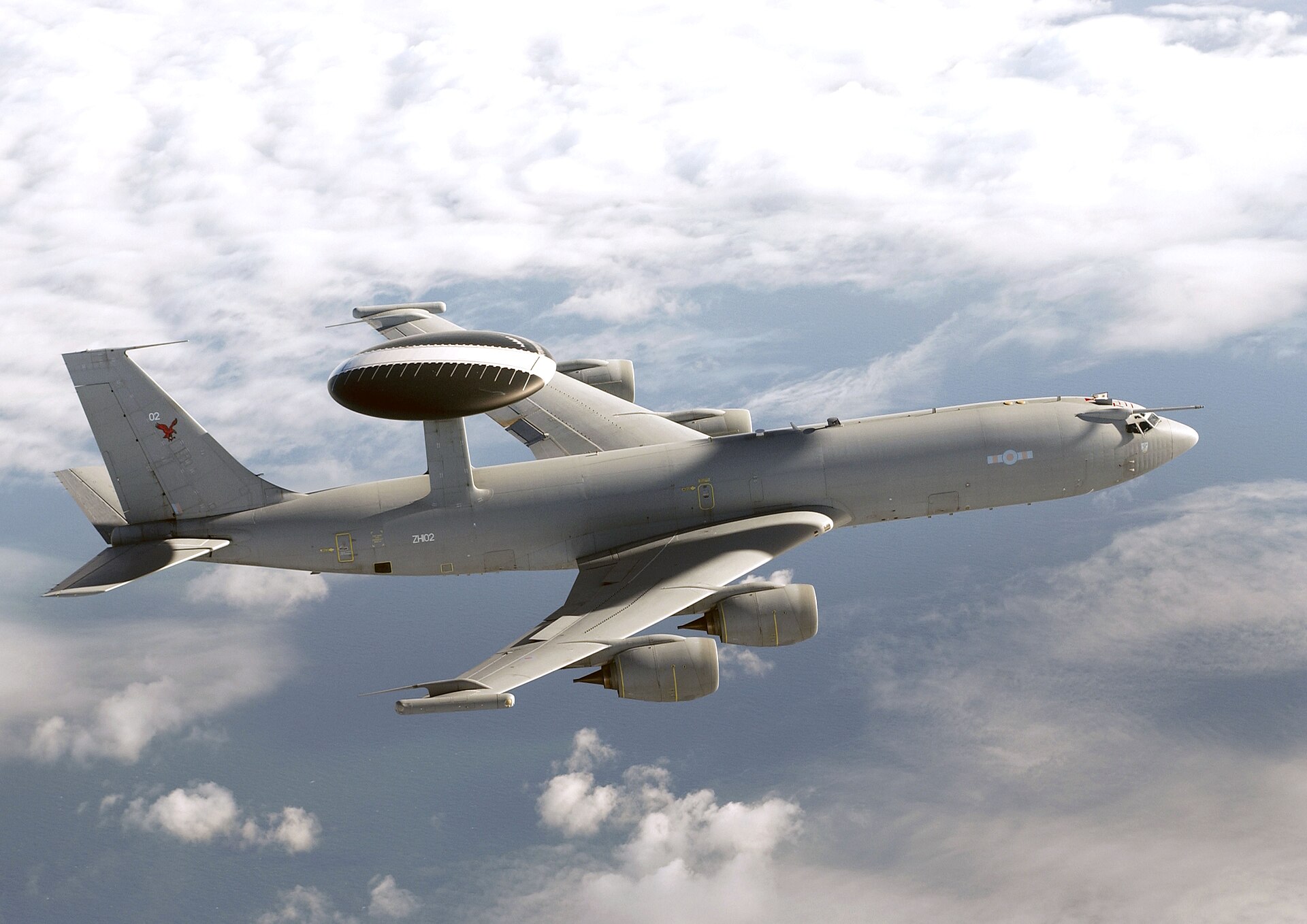 E-3 Sentry AWACS airborne surveillance and command aircraft in flight, the type of platform providing early warning and intelligence coordination over the Persian Gulf during the Iran war. Photo: UK Ministry of Defence / OGL v1.0