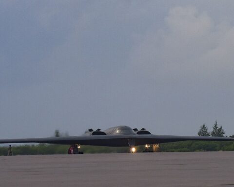 A B-2 Spirit stealth bomber on the runway at Naval Support Facility Diego Garcia in the Indian Ocean, a key US-UK military base targeted by Iranian ballistic missiles in March 2026. Photo: US Air Force / Public Domain