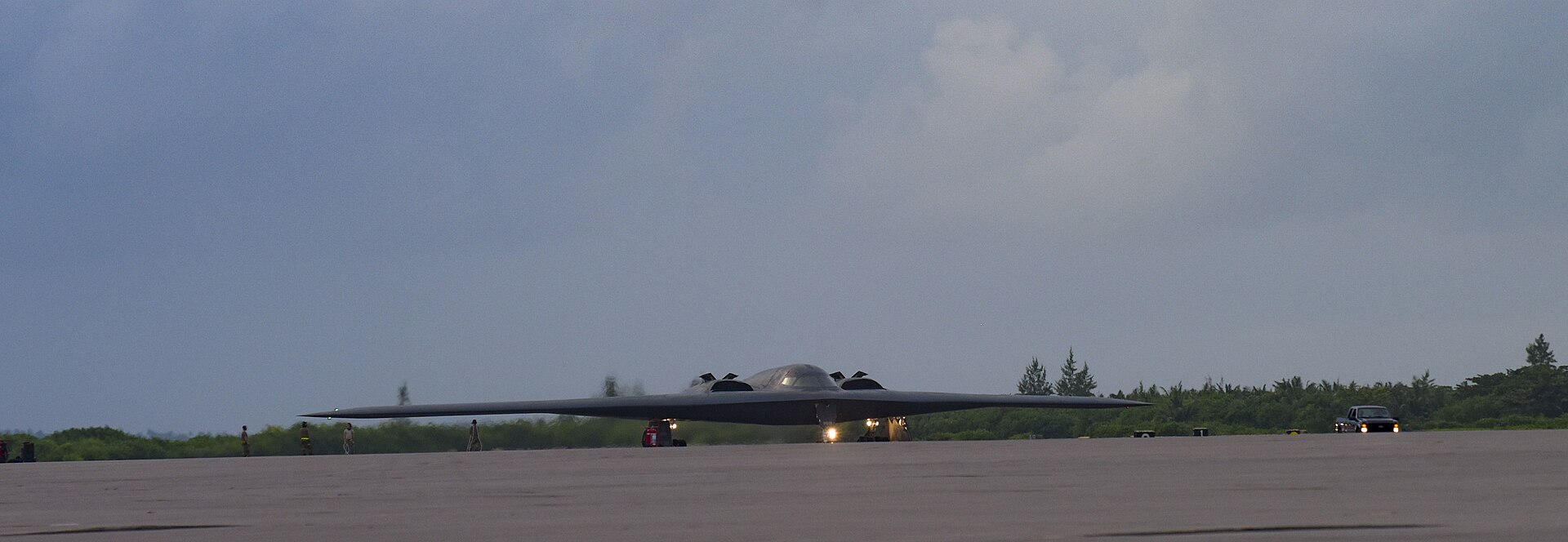 A B-2 Spirit stealth bomber on the runway at Naval Support Facility Diego Garcia in the Indian Ocean, a key US-UK military base targeted by Iranian ballistic missiles in March 2026. Photo: US Air Force / Public Domain
