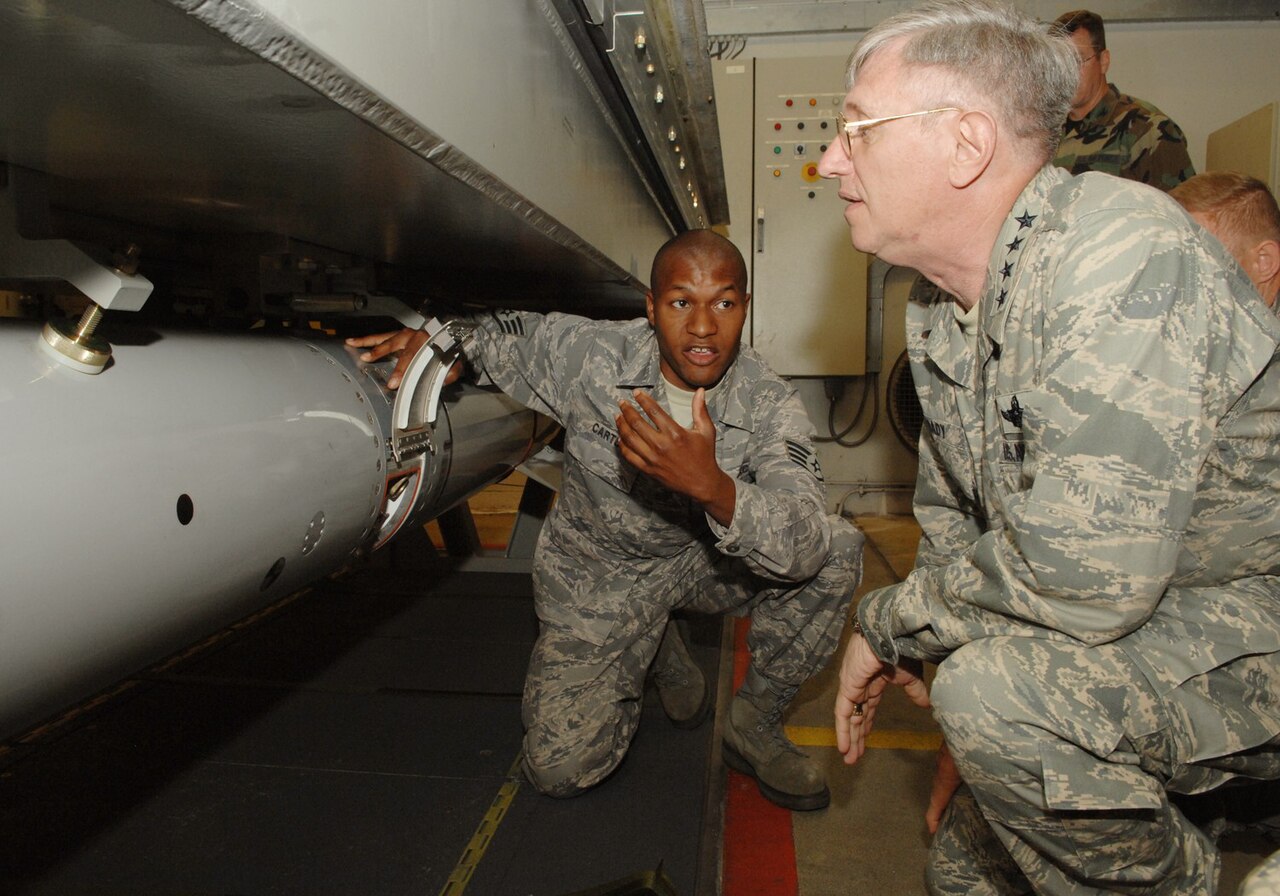 US Air Force personnel inspect a B61 nuclear gravity bomb in a weapons storage vault. An estimated 50 B61 nuclear weapons are stored at Incirlik Air Base in Turkey.