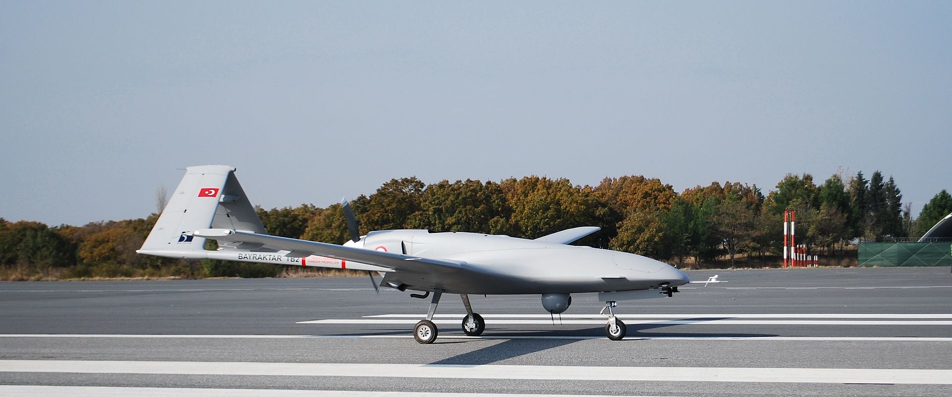 A Turkish Bayraktar TB2 armed drone on the runway, part of the largest defense export contract in Turkish history signed with Saudi Arabia