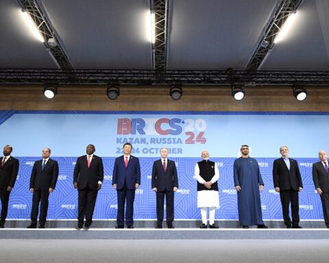 BRICS leaders pose for an official photograph at the 2024 BRICS Summit in Kazan, Russia, with India now chairing the bloc as Iran seeks its mediation in the Gulf war. Photo: Kremlin Press Office / CC BY 4.0