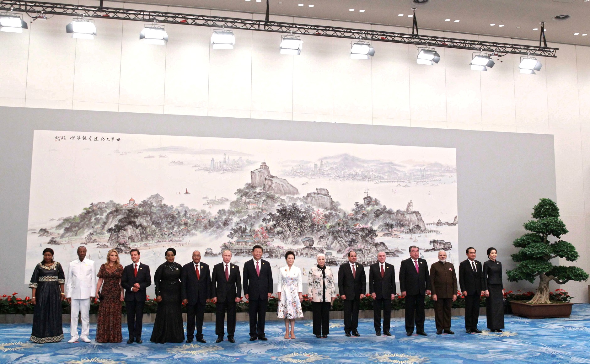 BRICS leaders including Xi Jinping, Vladimir Putin, and other heads of state pose for a group photo at the 9th BRICS Summit in Xiamen, China, 2017