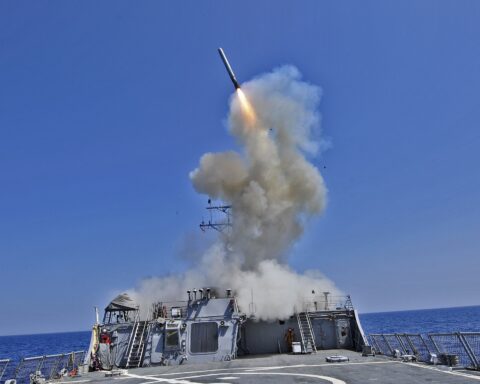 A Tomahawk cruise missile launches from a US Navy guided-missile destroyer during operations in support of CENTCOM strikes against Iranian coastal military facilities. Photo: US Navy / Public Domain