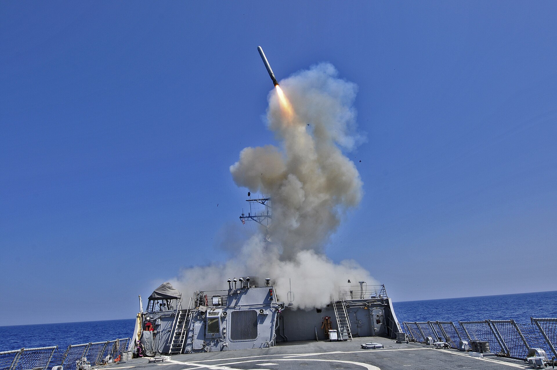 A Tomahawk cruise missile launches from a US Navy guided-missile destroyer during operations in support of CENTCOM strikes against Iranian coastal military facilities. Photo: US Navy / Public Domain