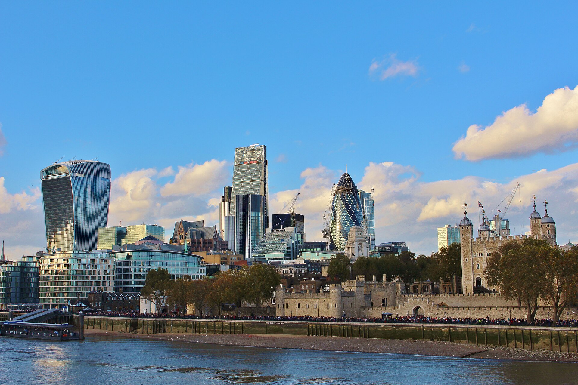 The City of London financial district skyline, home to Lloyd's of London and the global maritime insurance market that has withdrawn war risk coverage from the Persian Gulf