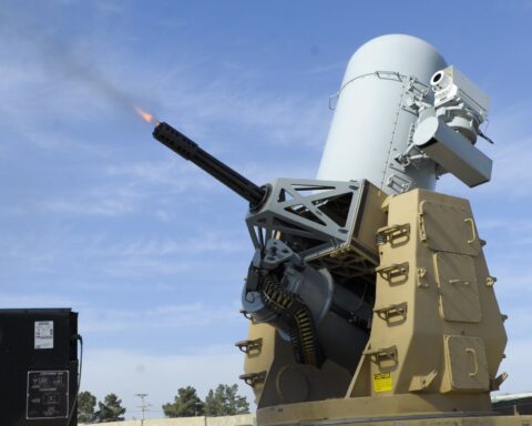 A Counter Rocket Artillery and Mortar (C-RAM) defense system fires during a test, the same type of weapon used to intercept drones targeting the US Embassy in Baghdad. Photo: US Army / Public Domain