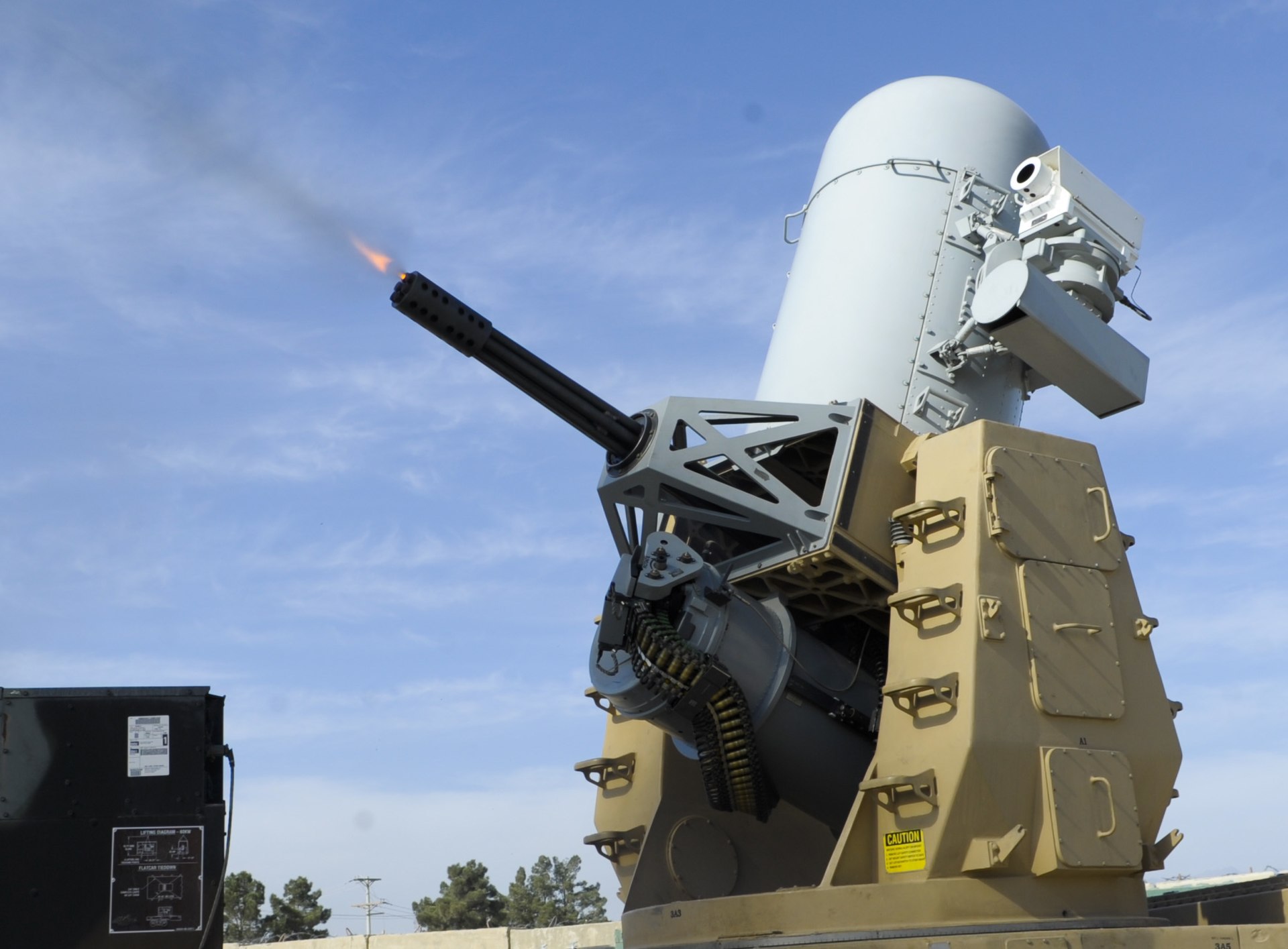 A Counter Rocket Artillery and Mortar (C-RAM) defense system fires during a test, the same type of weapon used to intercept drones targeting the US Embassy in Baghdad. Photo: US Army / Public Domain