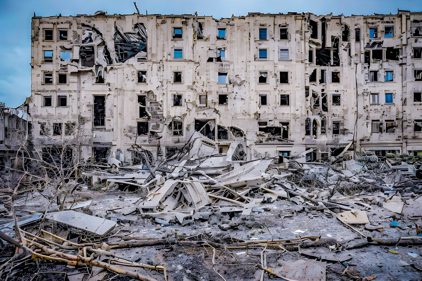 A destroyed multi-story apartment building with exposed interior walls and rubble after sustained bombardment during the Iran war