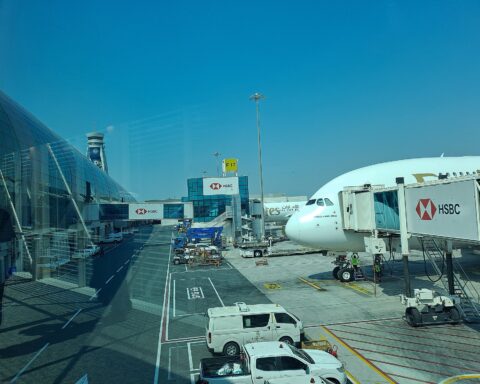 Dubai International Airport Terminal 3 with Emirates aircraft at gate, the world busiest international airport shut down by Iranian drone strike in March 2026. Photo: Wikimedia Commons / CC0