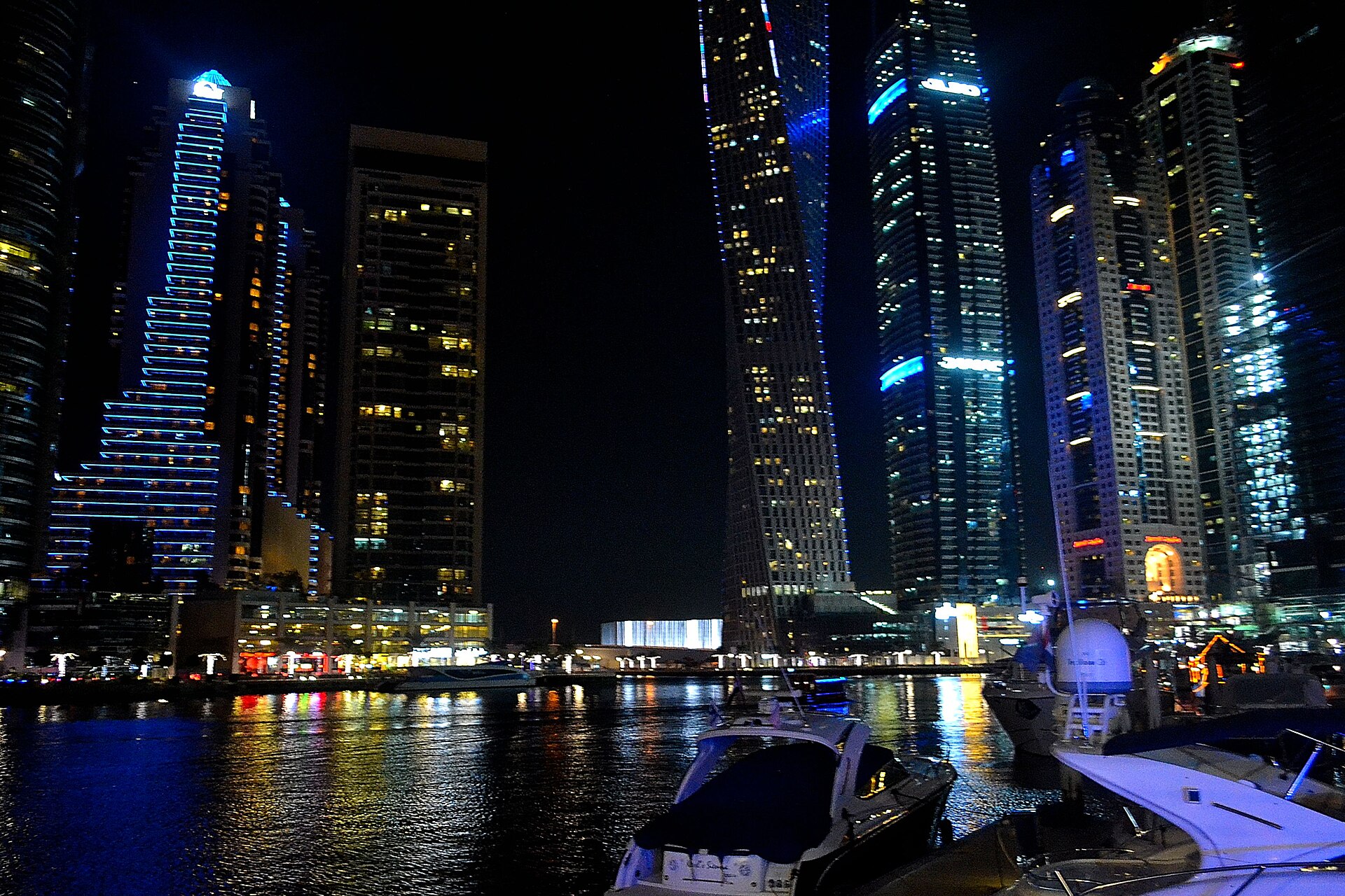 Dubai Marina skyline at night showing Gulf economic prosperity threatened by Iran war recession