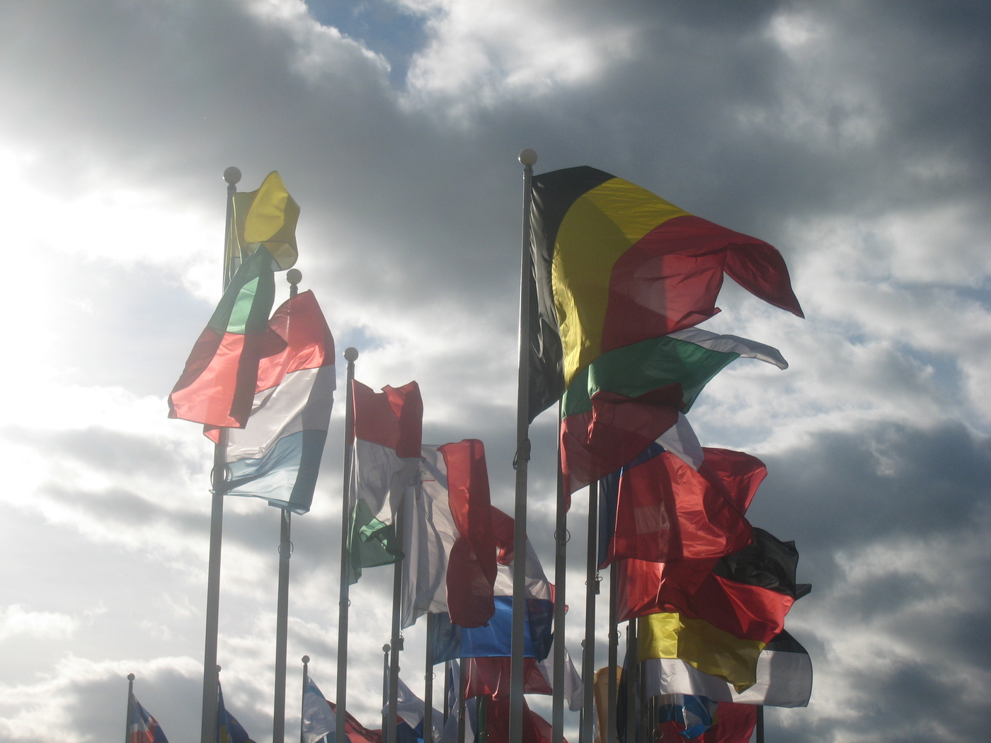 EU member state national flags flying at the European Parliament in Strasbourg symbolizing European diplomatic unity and division