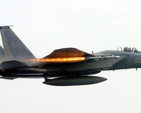 An F-15C Eagle launches an AIM-120 AMRAAM air-to-air missile during a test flight. Saudi Arabia has ordered 1,000 AIM-120C-8 missiles in a $3.5 billion deal as the Iran war accelerates arms procurement. Photo: U.S. Air Force / Public Domain