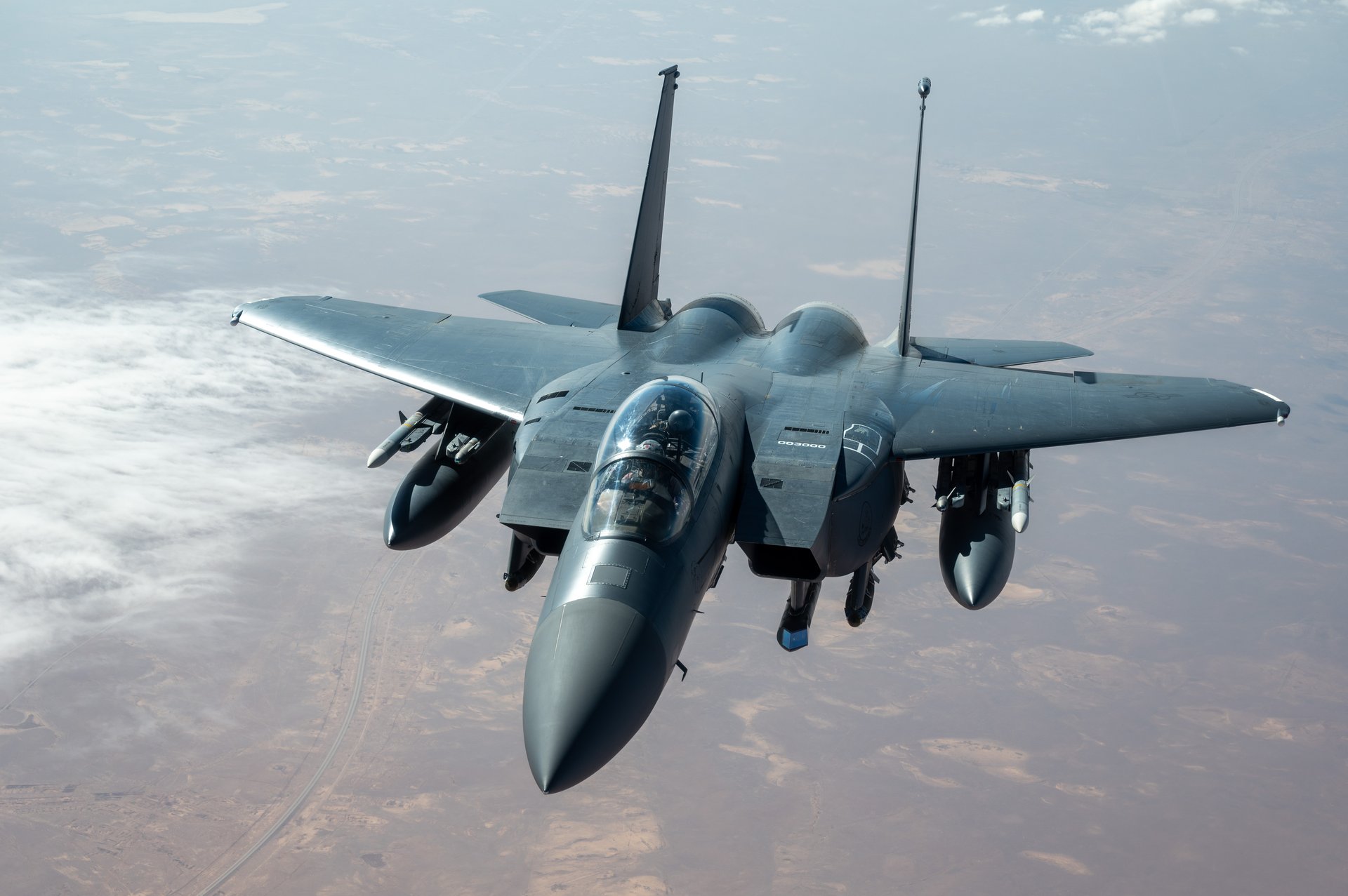 A U.S. Air Force F-15E Strike Eagle soars over the U.S. Central Command area of responsibility in the Middle East. Photo: U.S. Air Force / Public Domain
