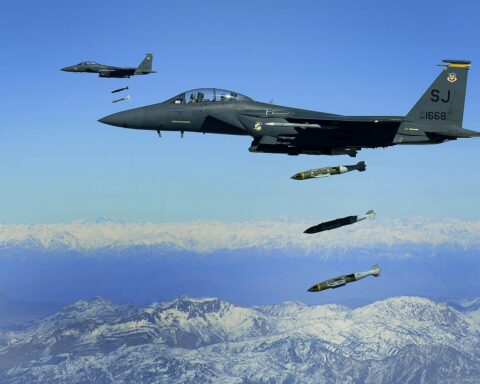 U.S. Air Force F-15E Strike Eagle aircraft dropping JDAM precision-guided munitions during Operation Epic Fury against Iran. Photo: U.S. Air Force / Public Domain