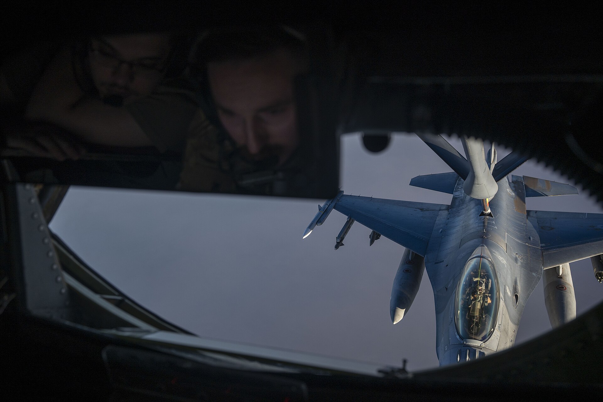 US Air Force F-16C Fighting Falcon refueling from a KC-135 Stratotanker over the CENTCOM area of responsibility in August 2025