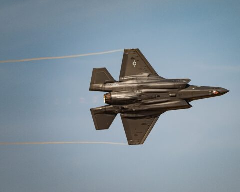 F-35A Lightning II stealth fighter performing at the Dubai Airshow, the same aircraft type Saudi Arabia agreed to purchase in its $142 billion arms deal announced at FII Miami in March 2026