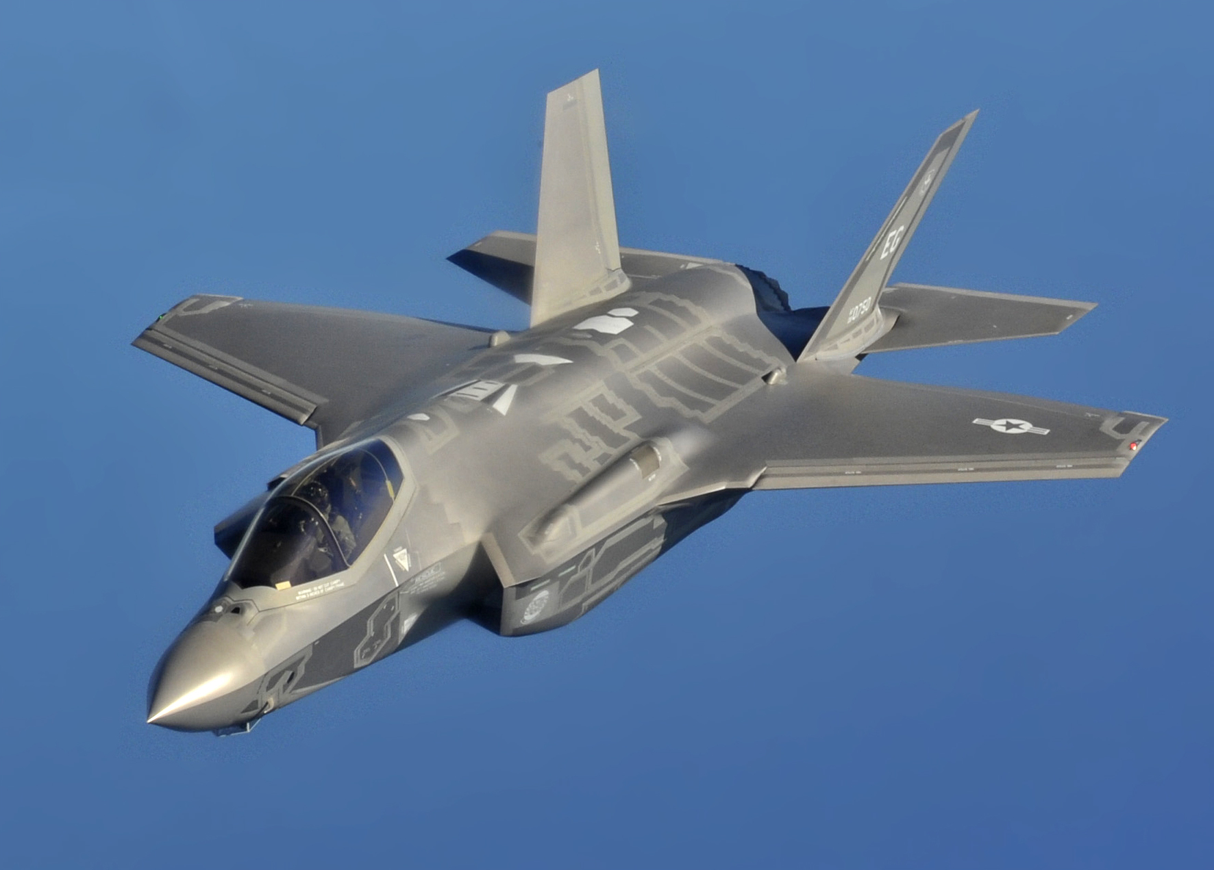 USAF F-35A Lightning II Joint Strike Fighter in flight showing stealth profile and low-observable design features