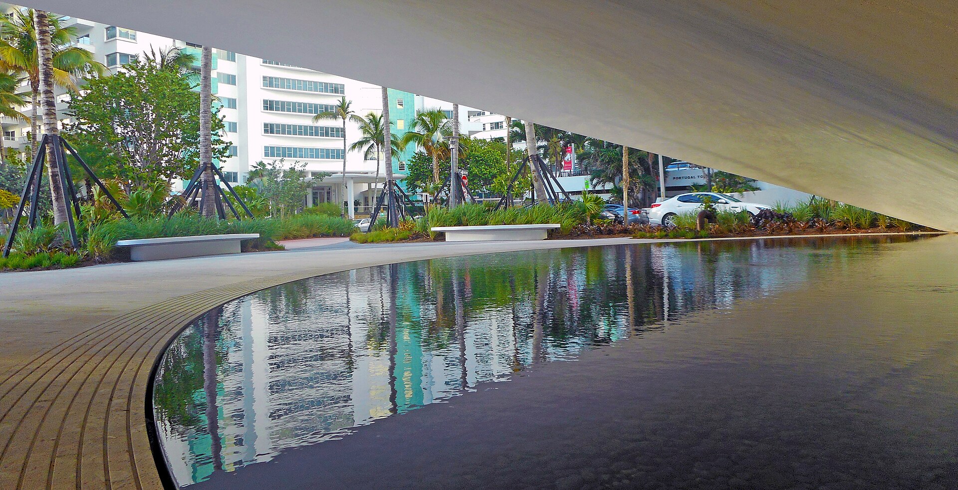 The Faena Forum reflecting pool in Miami Beach, venue for the relocated Future Investment Initiative conference where Saudi Arabia accepted F-35s and a $142 billion arms package in March 2026