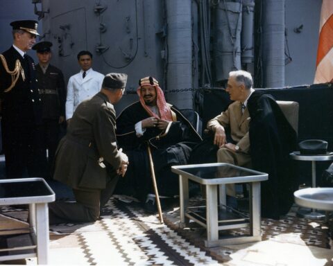 President Franklin D. Roosevelt meets King Abdulaziz Ibn Saud aboard the USS Quincy in the Great Bitter Lake, Egypt, February 14, 1945