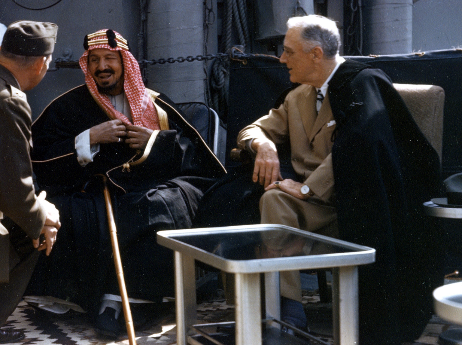 President Franklin D. Roosevelt meeting King Ibn Saud aboard USS Quincy at the Great Bitter Lake, February 14, 1945 — the founding moment of the US-Saudi security partnership. Photo: US Army Signal Corps / Public Domain