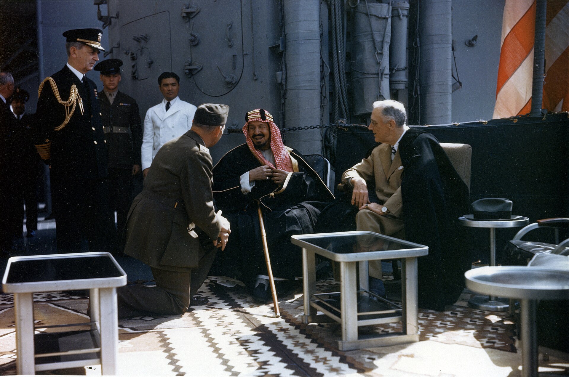 President Franklin D. Roosevelt meets King Abdulaziz Ibn Saud aboard the USS Quincy in the Great Bitter Lake, Egypt, February 14, 1945