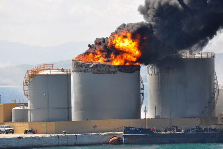 Oil storage tanks engulfed in fire at a port facility, illustrating the type of damage caused by Iranian drone strikes on the UAE Fujairah oil terminal. Photo: Wikimedia Commons / CC BY-SA 2.0