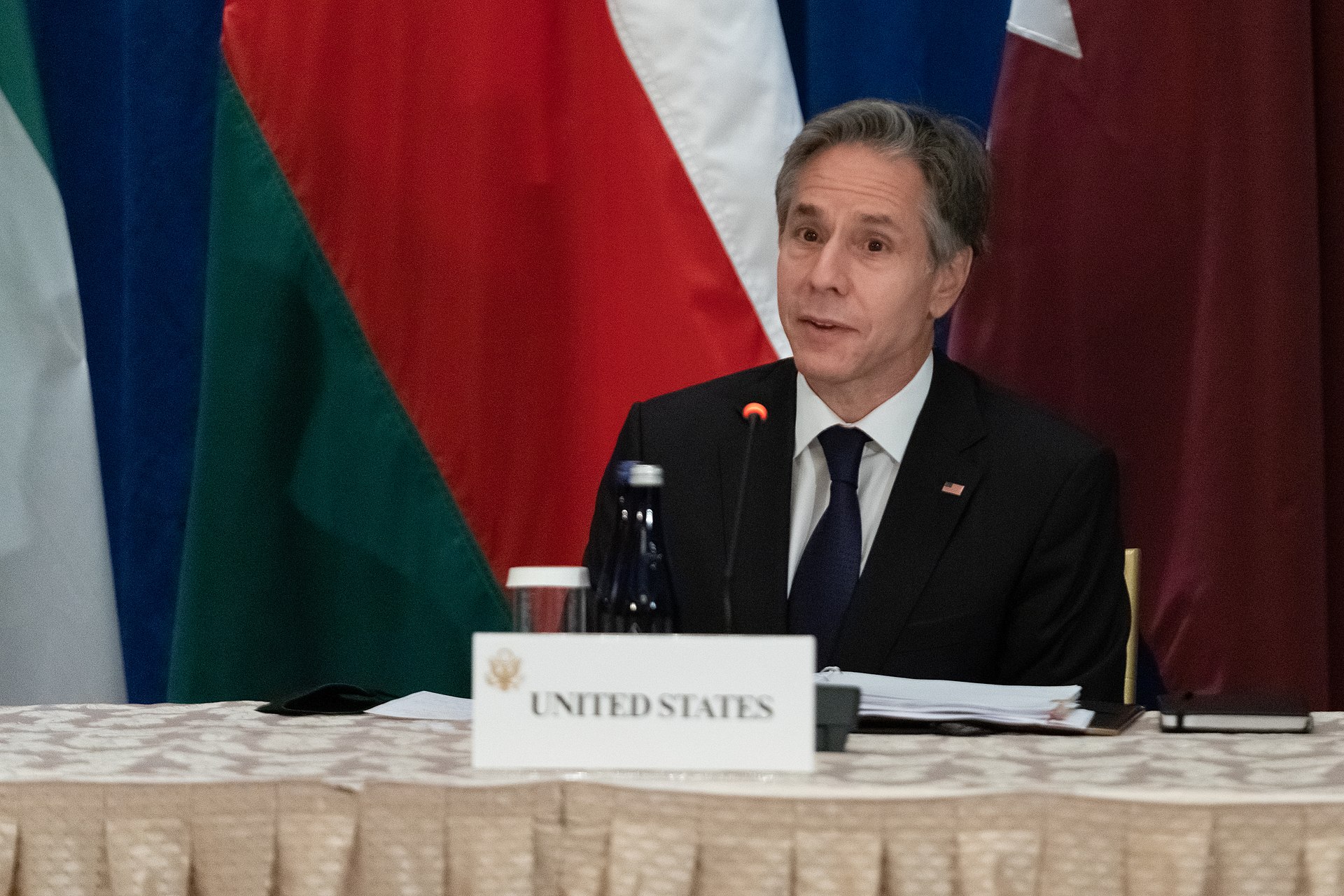 Gulf Cooperation Council foreign ministers meeting with national flags