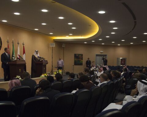 GCC diplomatic press conference at the Gulf Cooperation Council headquarters in Riyadh with member state flags. Photo: US Department of Defense / CC BY 2.0