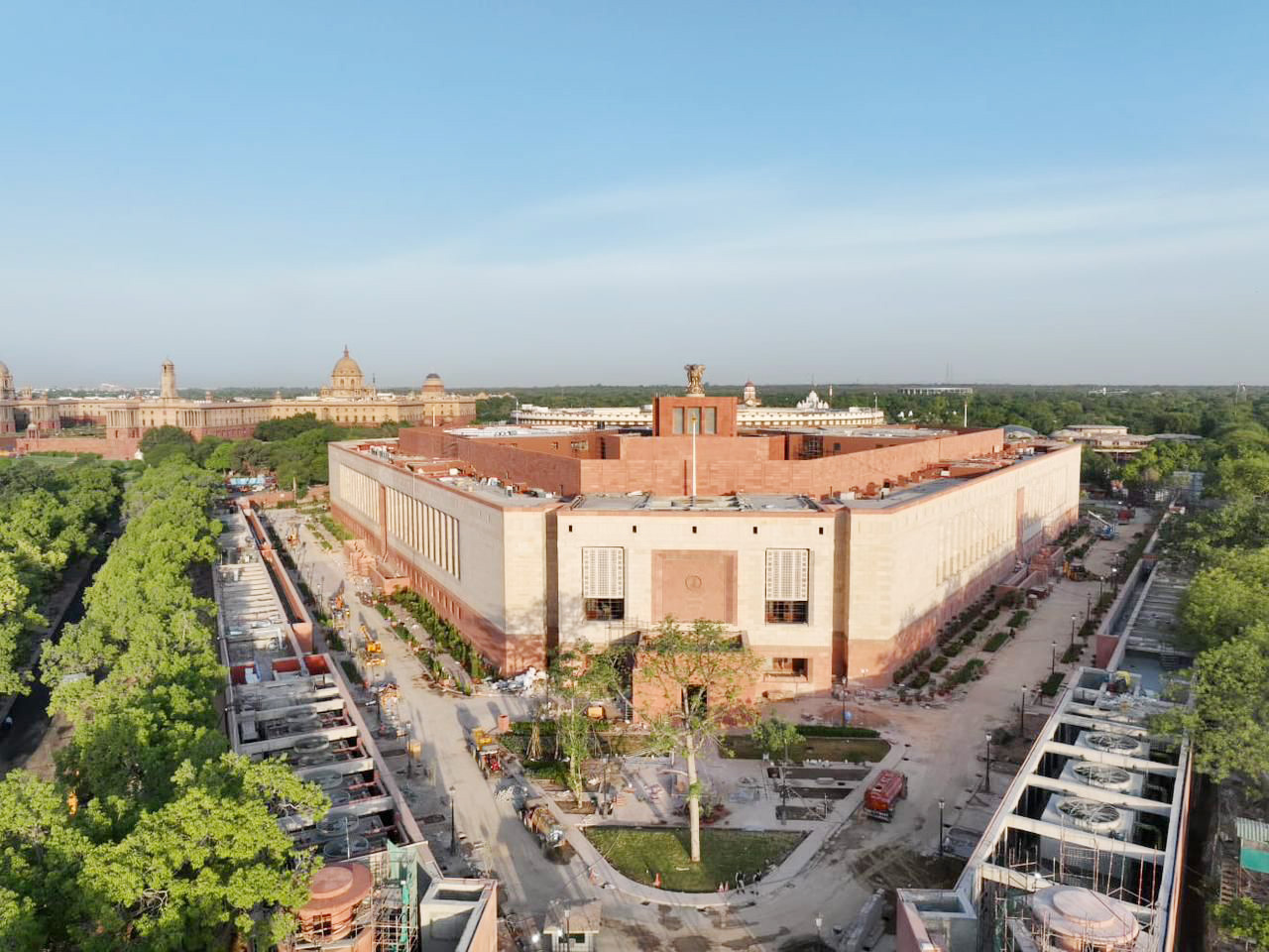 Aerial view of India's new Parliament Building (Sansad Bhavan) in New Delhi, the seat of Indian foreign policy decision-making.