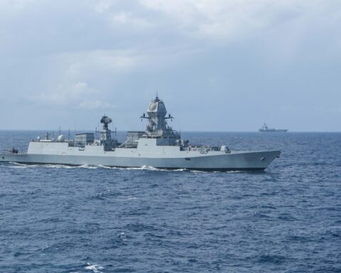 INS Visakhapatnam (D66) stealth guided-missile destroyer of the Indian Navy deployed to escort oil tankers in the Gulf of Oman. Photo: Indian Navy / Public Domain