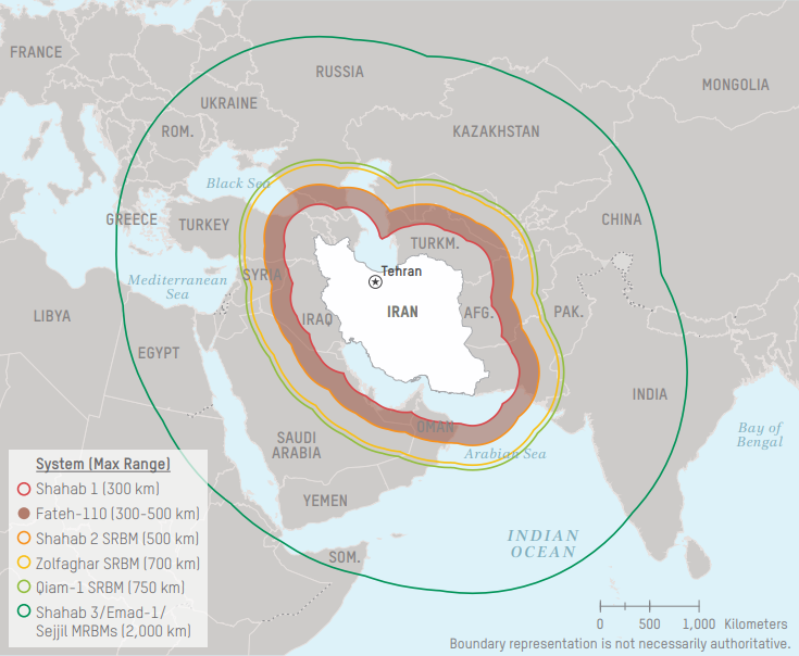 Map showing Iranian ballistic missile ranges from DIA intelligence assessment with concentric range circles covering the Middle East region