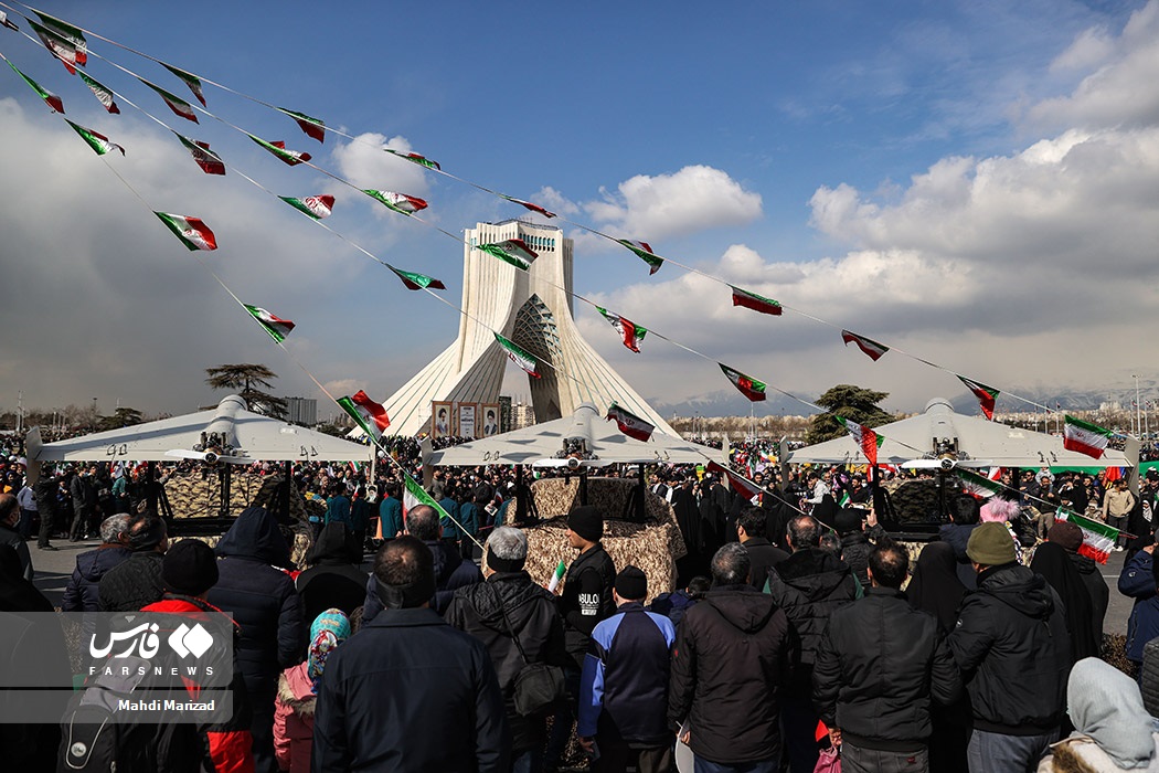Iranian Shahed-136 loitering munitions on display at Azadi Square in Tehran, the drone type whose production facilities are being targeted by Israeli and American strikes. Photo: Fars News / CC BY 4.0
