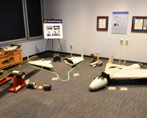 Iranian Shahed drones recovered from Iraq and Ukraine displayed as evidence of proxy weapon transfers. Photo: US Government / Public Domain