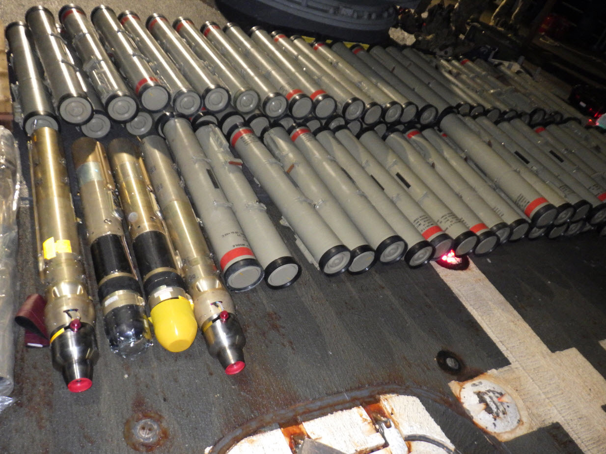 Iranian-manufactured missile components and anti-tank guided missiles seized by USS Normandy in the Arabian Sea en route to Houthi forces in Yemen