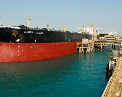 An oil tanker docked at the Al Basrah Oil Terminal in southern Iraq, the main export hub now idled by force majeure. Photo: US Navy / Public Domain