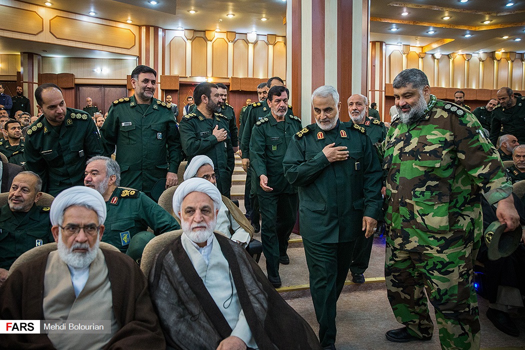 IRGC commanders including Major General Hossein Salami at a formal military ceremony in Iran with senior officers in olive-green uniforms