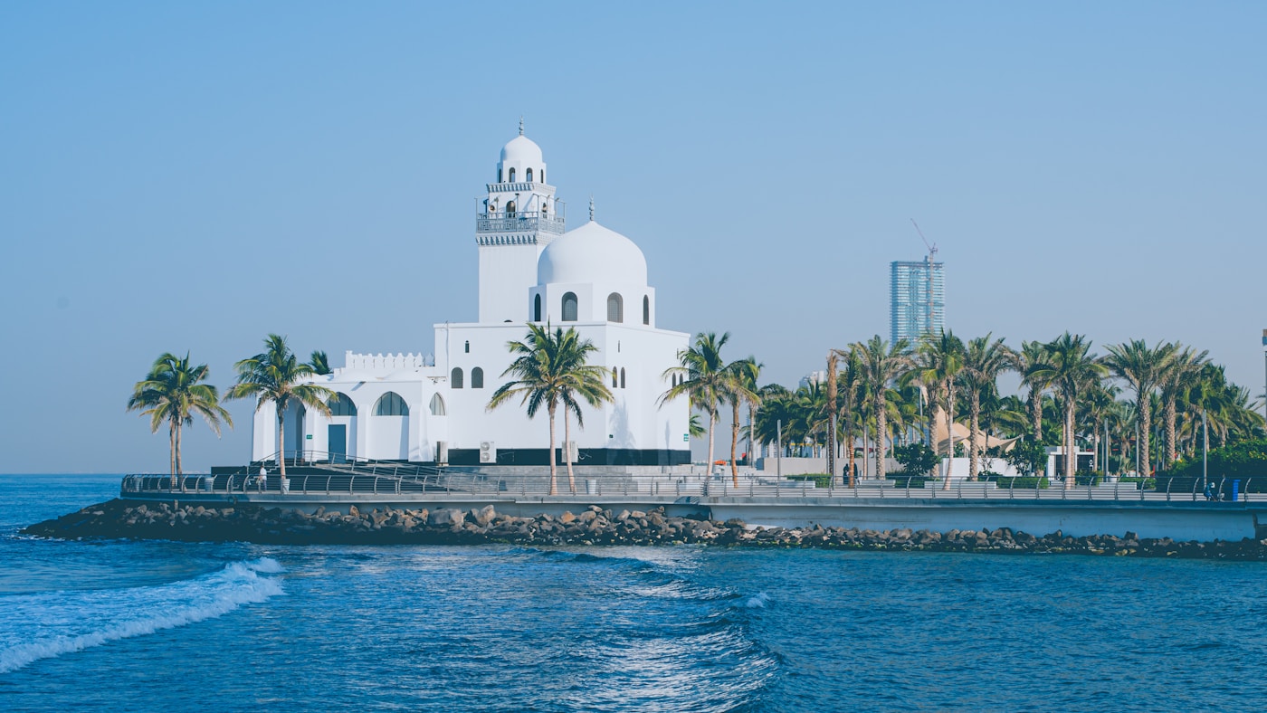 Jeddah waterfront with white building by the Red Sea coast