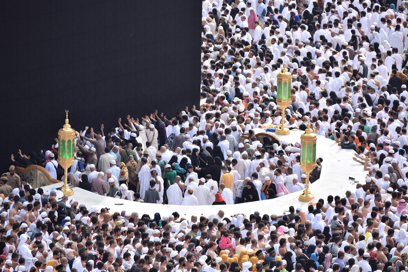 Crowd of pilgrims worshipping around the Kaaba at Masjid al-Haram in Mecca during Hajj