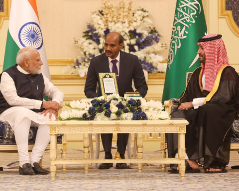 Indian Prime Minister Narendra Modi and Saudi Crown Prince Mohammed bin Salman during bilateral talks at Jeddah in April 2025, with Indian and Saudi flags in the background. Photo: Government of India / GODL-India
