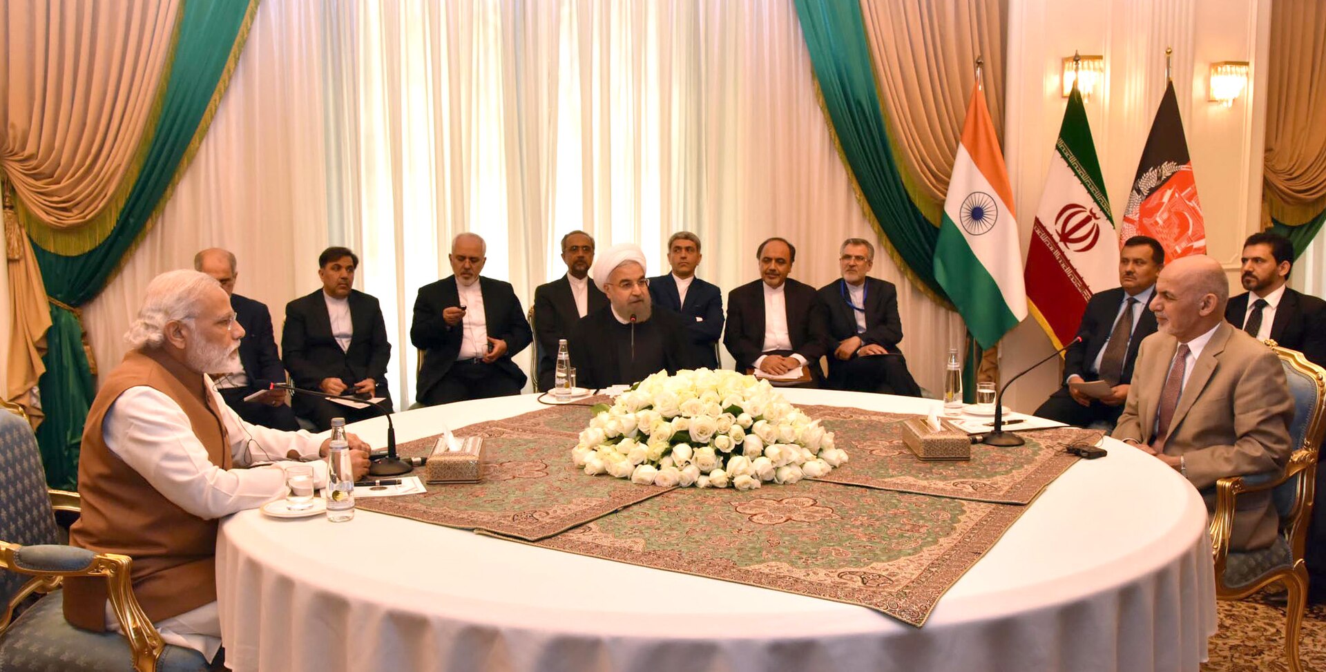Indian Prime Minister Narendra Modi, Iranian President Hassan Rouhani, and Afghan President Ashraf Ghani at the 2016 trilateral meeting that sealed the Chabahar port agreement