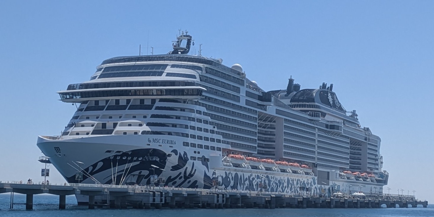 MSC Euribia cruise ship docked at Sir Bani Yas Cruise Port in the UAE, one of several vessels stranded in the Gulf during the 2026 Iran war maritime crisis. Photo: Wikimedia Commons / CC BY 4.0