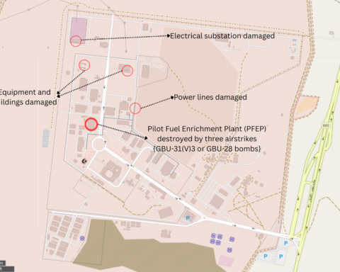 Satellite imagery showing damage to Iran Natanz nuclear enrichment facility from airstrikes, with annotated strike locations and infrastructure damage. Photo: Wikimedia Commons / CC BY-SA 2.0