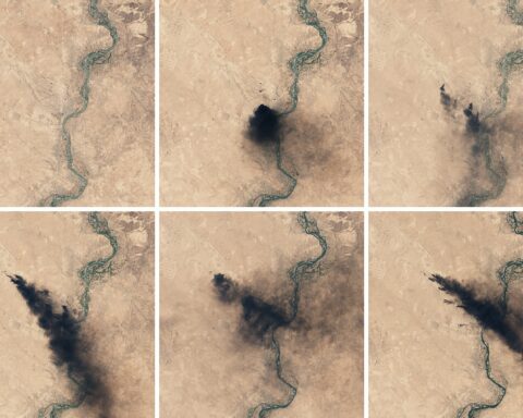 NASA satellite image showing massive smoke plumes from oil fires drifting across the Middle East, illustrating the environmental damage from wartime attacks on energy infrastructure. Photo: NASA / Public Domain